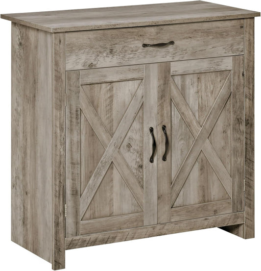 HOMCOM Farmhouse Sideboard Buffet Cabinet, Barn Door Coffee Bar Cabinet with Drawer and Adjustable Shelf, for Living Room, Entryway, Gray