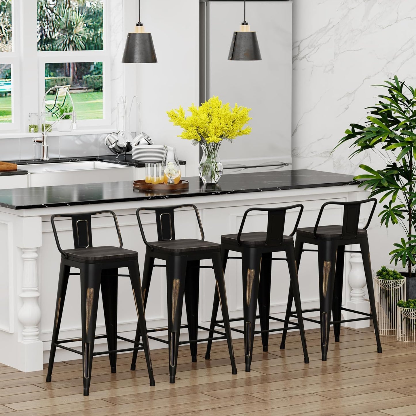 Yongchuang 26 inch Metal Bar Stools Set of 4 Counter Bar Stools Distressed Gold Black Wood Top Low Back