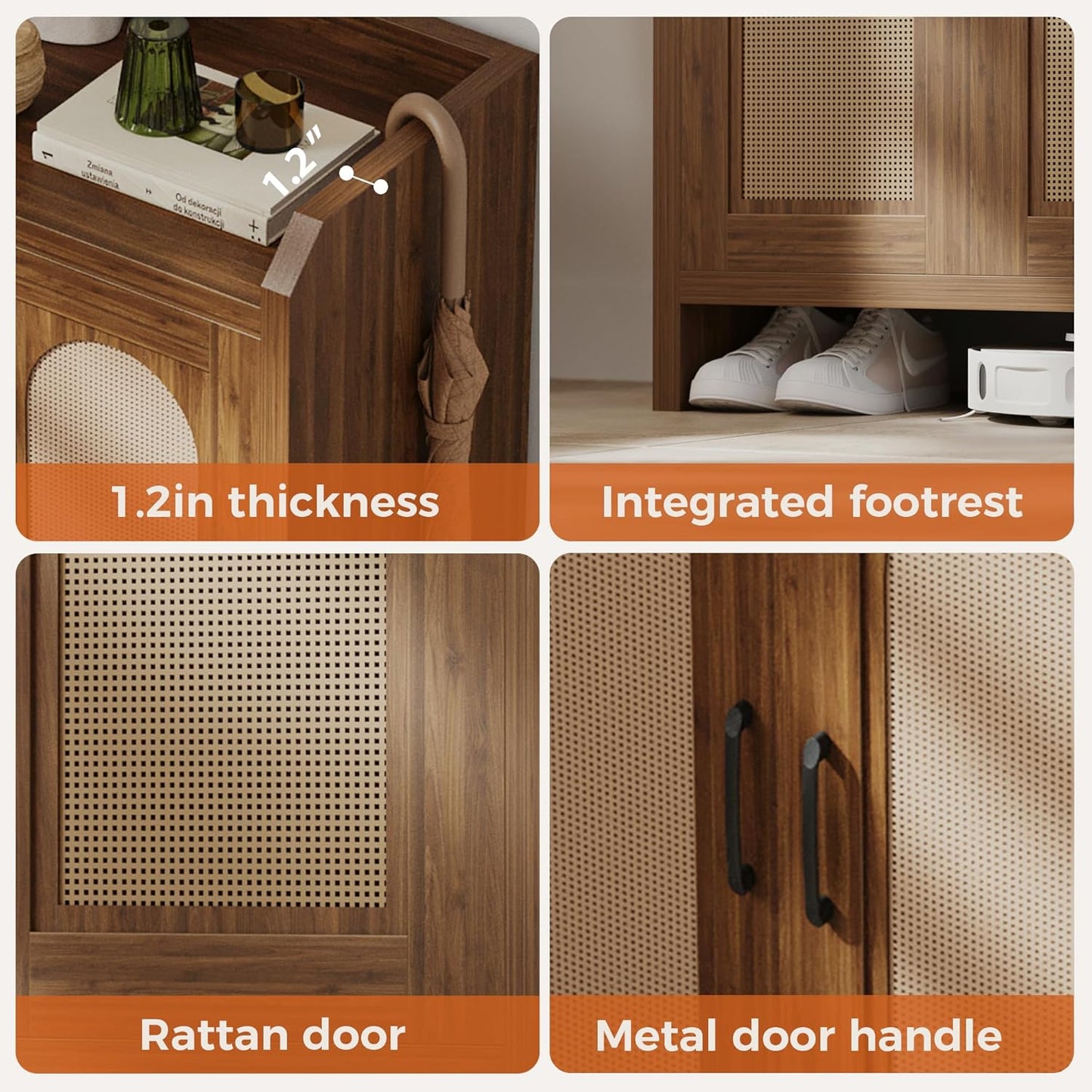 Shoe Cabinet Storage for Entryway, Natural Rattan Storage Cabinet, Wooden Shoe Rack, Farmhouse Boho Wood Shoe Organizer Cabinet for Hallway Walnut