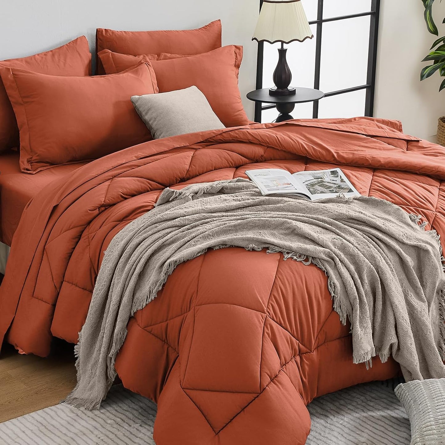 HEVUMYI Burnt Orange Full Comforter Set - 7-Piece All Season Bed in a Bag Full, Ultra Soft Bedding Set with Comforter, Flat Sheet, Fitted Sheet, Pillowcases, Pillow Shams