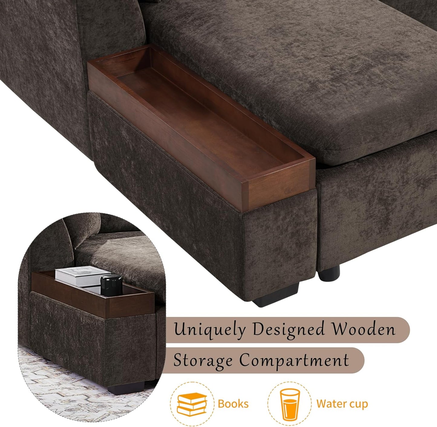 Merax 93.7" L-Shaped Sectional Sofa with Wooden Storage Compartment, Chenille Upholstered Deep Seating Sleeper Couch & Chaise Lounge and Throw Pillows for Living Room, Brown