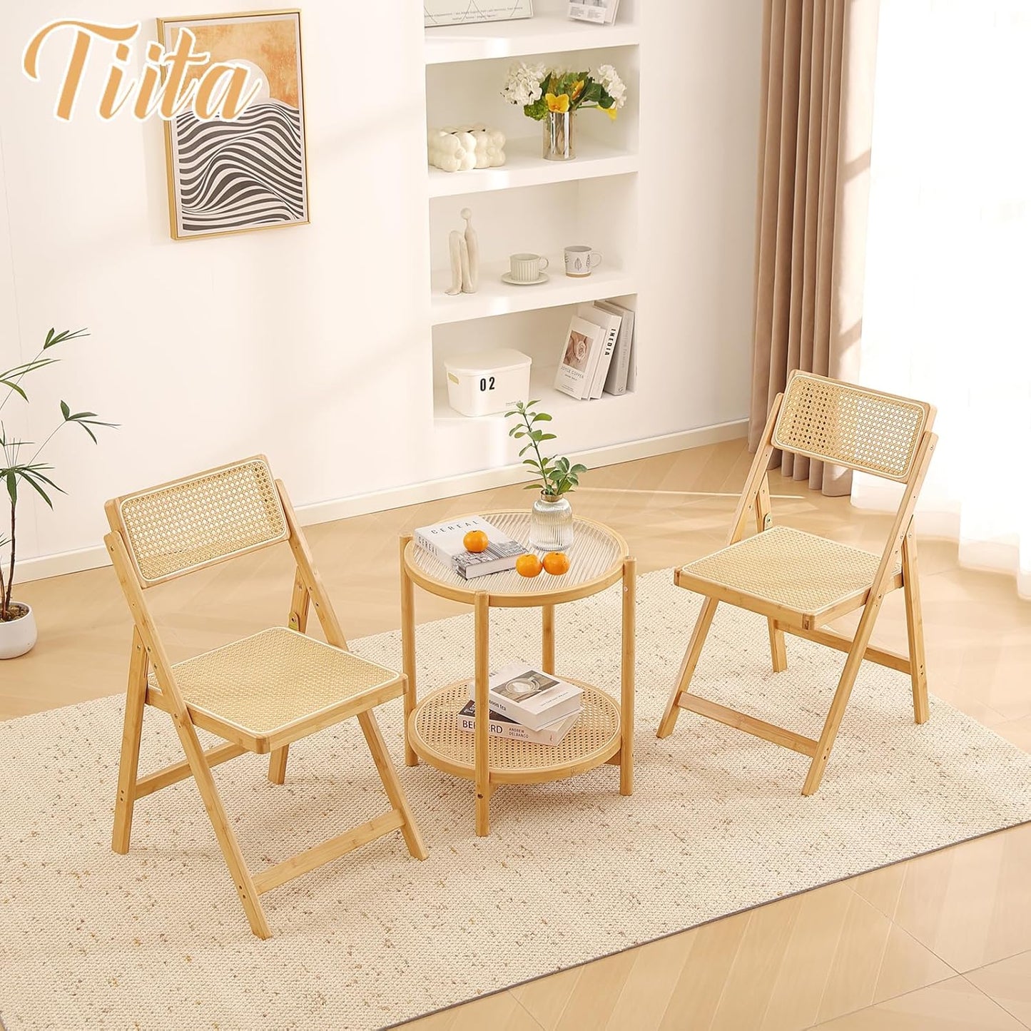 Tiita Rattan Dining Chairs Set of 2, Mid Century Modern Folding Chair, Bamboo Folding Dining Chairs for Small Space, Dining Room, Living Room, Bedroom, Wood