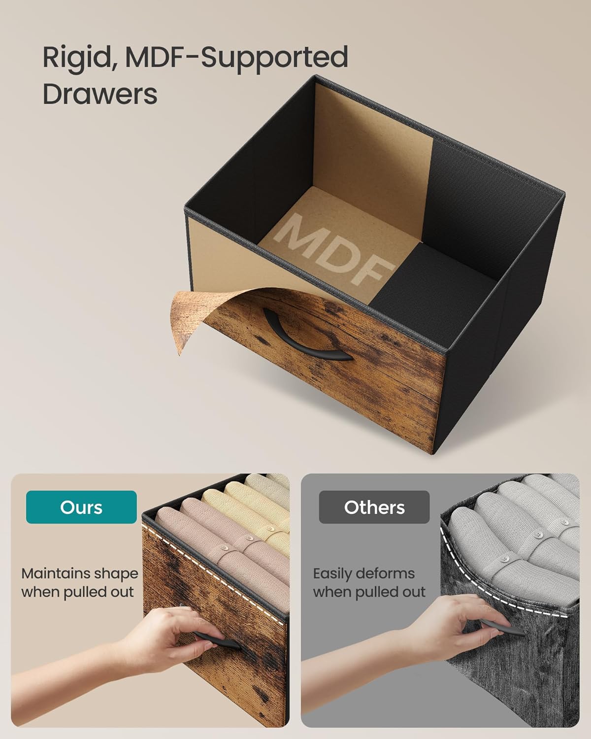 SONGMICS Dresser for Bedroom, Chest of Drawers, TV Stand, Steel, MDF, 6 Non-Woven Fabric Drawers, Storage Organizer Unit, Closet, Entryway, Rustic Brown and Ink Black ULGS123B02S