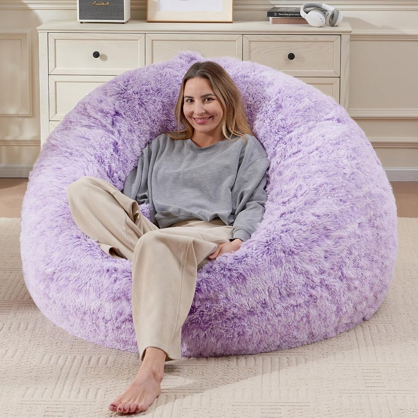 5FT Bean Bag Cover for Stuffed Animals Machine Washable, Gaming Bean Bag Chairs for Adults Teens Girls, Lovely Cute Bean Bag Storage Stuffed Animal, Purple