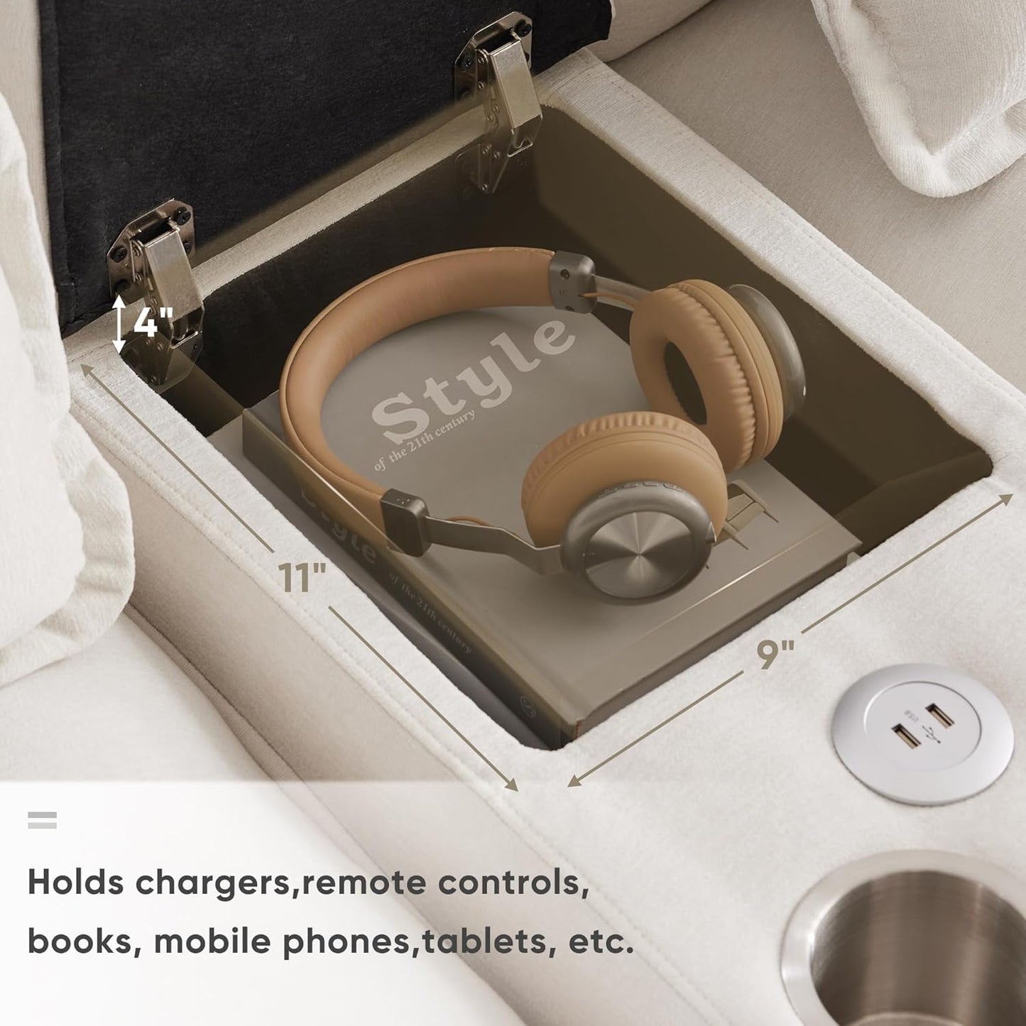 Merax U-Shaped Sectional Sofa with Cupholders, Console and USB Charging Ports, 6-seat Chenille Upholstered Sleeper Couch with Symmetrical Chaise for Living Room, Apartment, 123", White