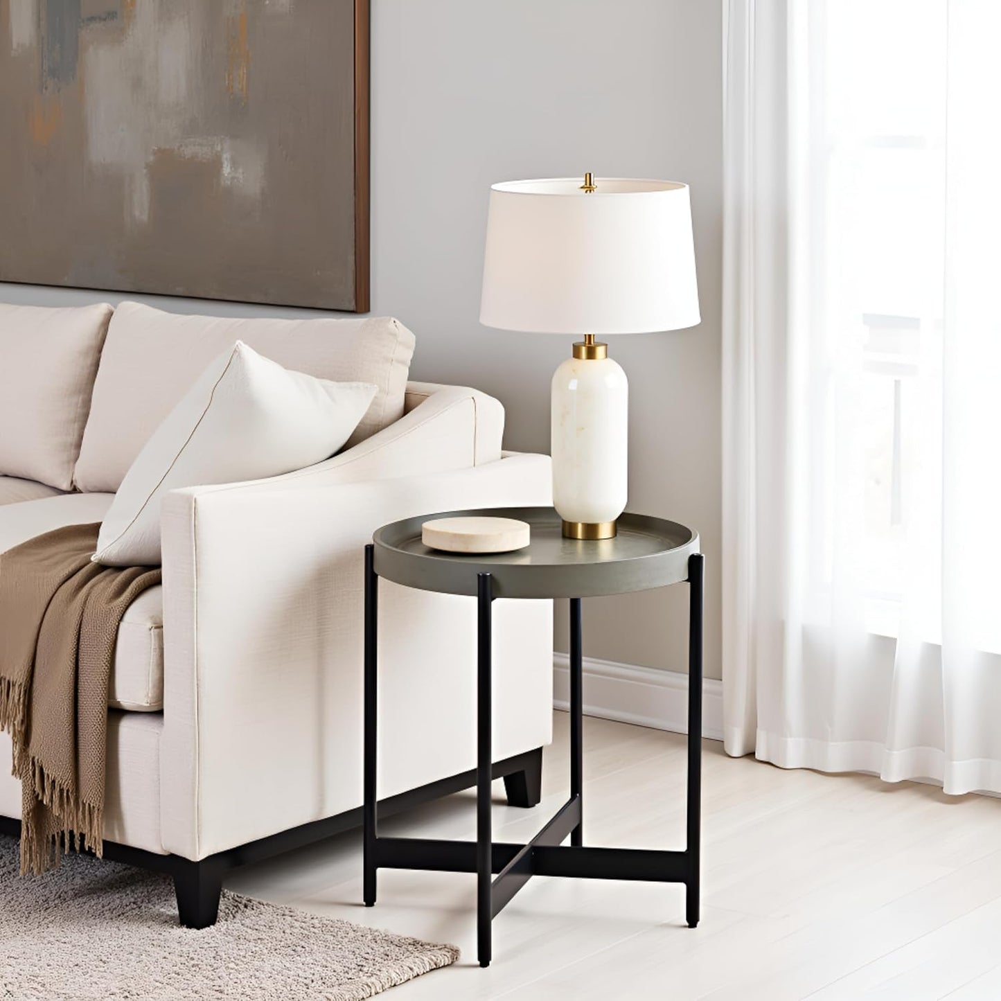 Alaterre Furniture Brookline 20-Inch Round Wood End Table with Concrete Coating and Powder-Coated Iron Legs – Tray Style Top Home Accent for Living Room, Bedroom or Office (Gray)