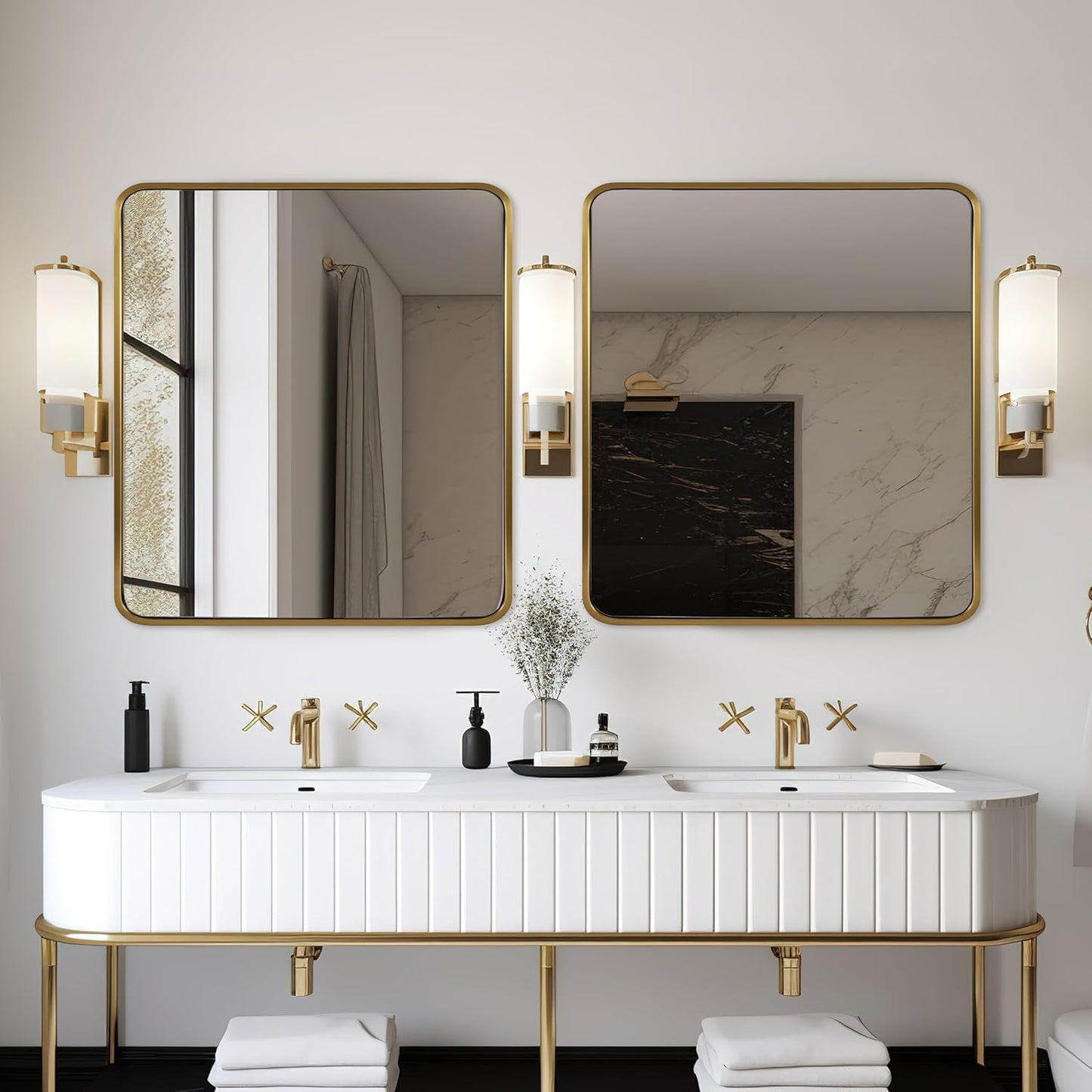 ANDY STAR 40x36 Inch Gold Bathroom Mirror, Brushed Gold Mirrors for Wall in Anti-Rust SUS304 Tube Metal Frame, Rounded Rectangle Mirrors 1’’ Deep Wall Mounted Vertically/Horizontal for Bathroom