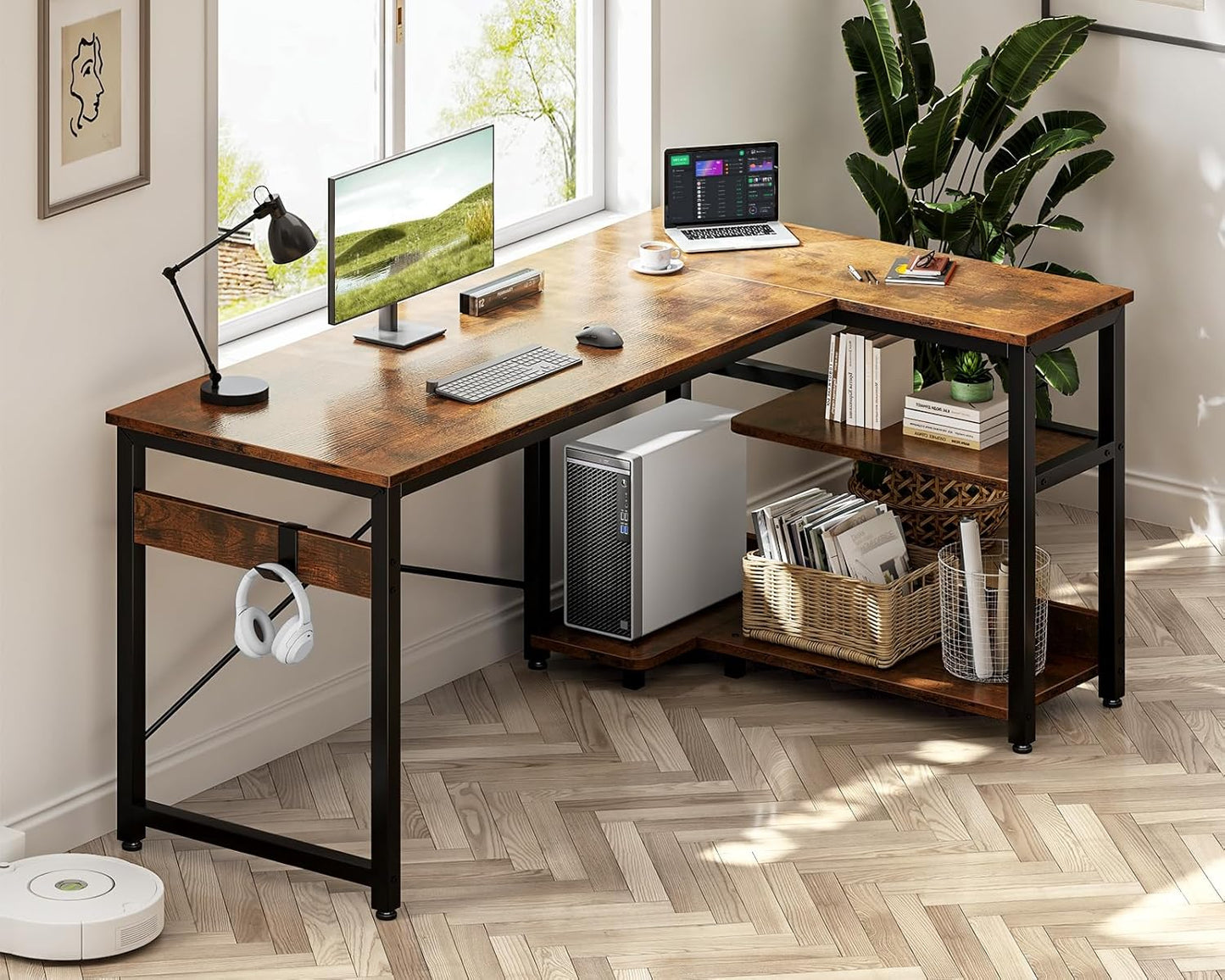 Casaottima L Shaped Computer Desk, 48 Inch Small Corner Desk with Storage Shelves & PC Stand, Reversible Gaming Desk for Bedroom, Modern Writing Study Table for Home Office, Vintage