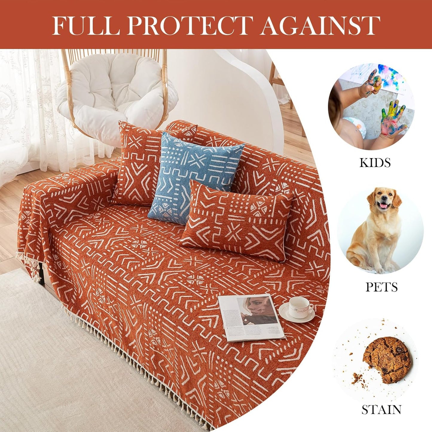 HANDONTIME Boho Aztec Sofa Slipcover for Sofa/Couch Farmhouse Geometric Couch Protector for Dogs with Tassel Brick Orange Couch Covers Sofa Cover for Dogs Cats Kids Bohemian Sofa Décor, 71" X150"