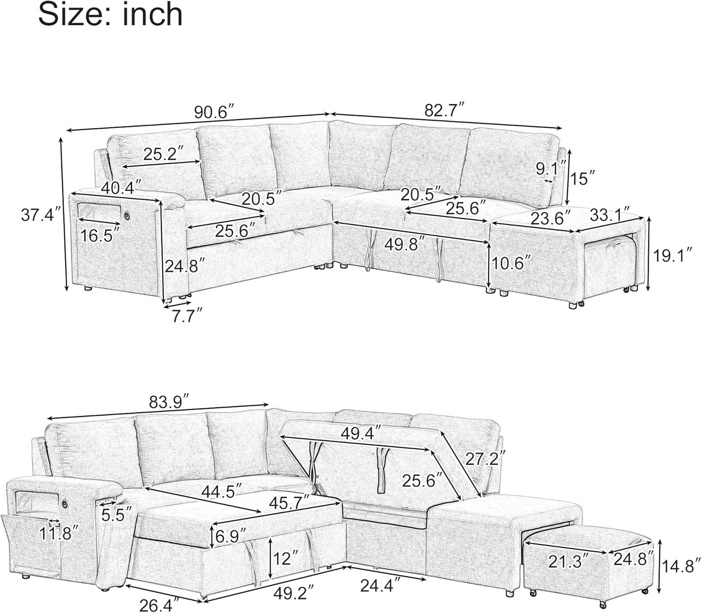 Merax L-Shaped Modular Sofa with Removable Storage Ottoman, USB Ports and Cup Holder, Upholstered Sectional Couch & Armrest, Free Combination Indoor Furniture for Living Room, Apartments, Gray