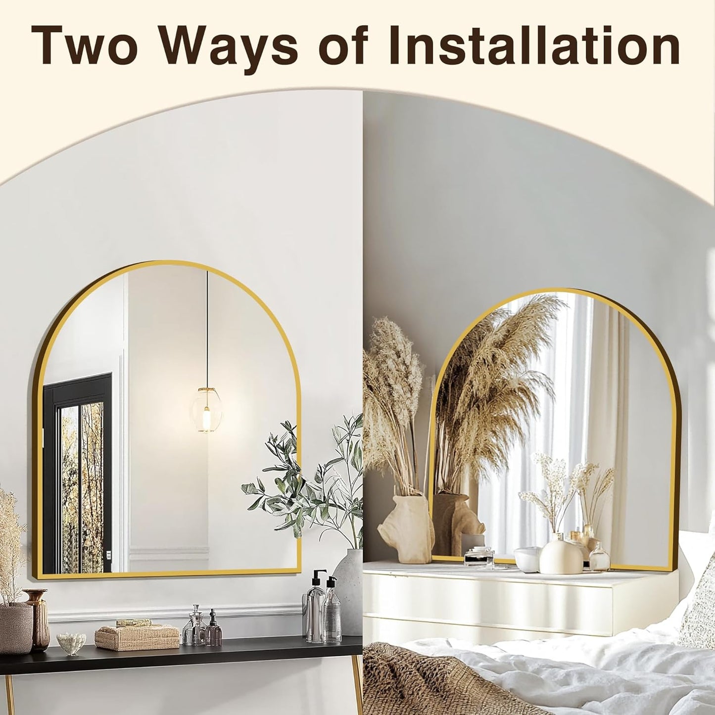 FICTOR Bathroom Vanity Mirror for Wall,32”x30” Arched Metal Framed Bathroom Mirror for Over Sink,Entryway,Living Room,Bedroom(Gold)