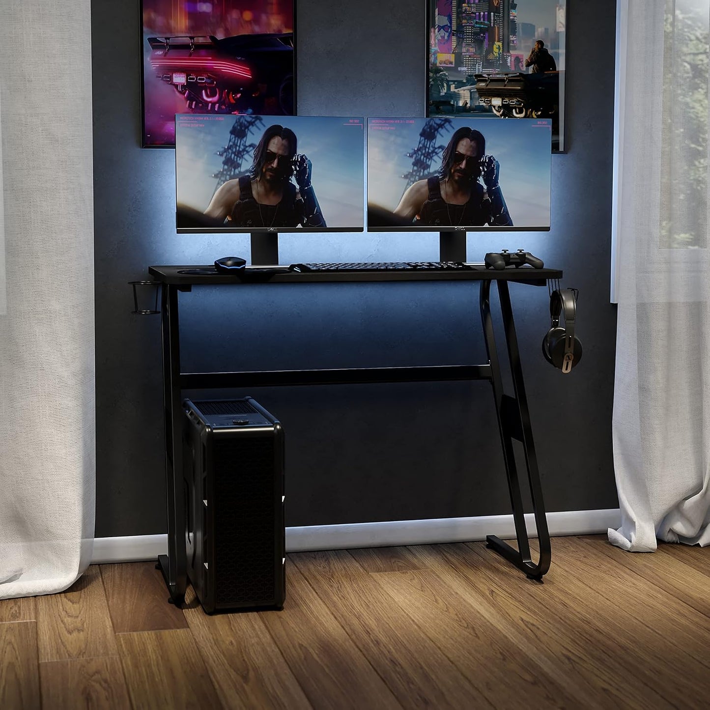 Flash Furniture Fisher Gaming Desk - Black Ergonomic Computer Desk - 51.5" Gamers Table with Cup Holder and Headphone Hook