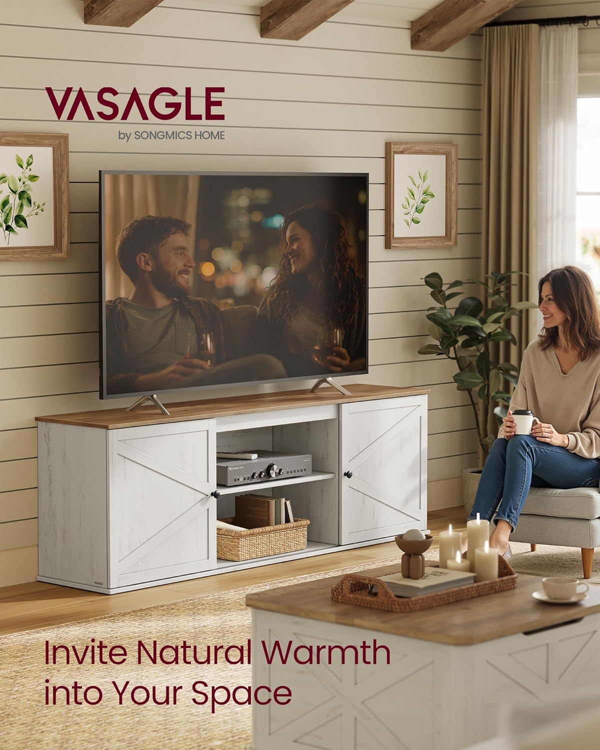 VASAGLE Farmhouse TV Stand for TVs up to 80 Inches, Entertainment Center with Storage Cabinets and Sliding Barn Doors, Media Console Table for Living Room, Rustic White and Honey Brown ULTV537W01