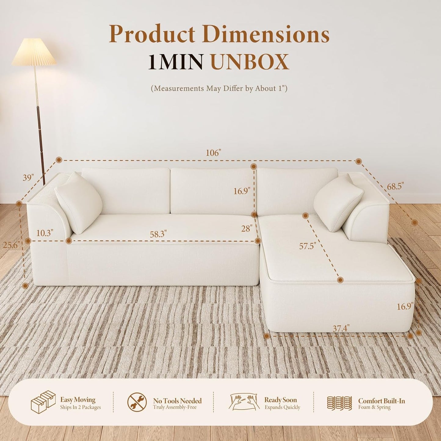 Vesgantti 106" Cloud Sectional Couch with Chaise, Deep Seat Modular Sectional Sofa Chenille Memory Foam Sofa Boneless Couches for Living Room Bedroom, No Assembly Required (Beige, Right-Facing Chaise)