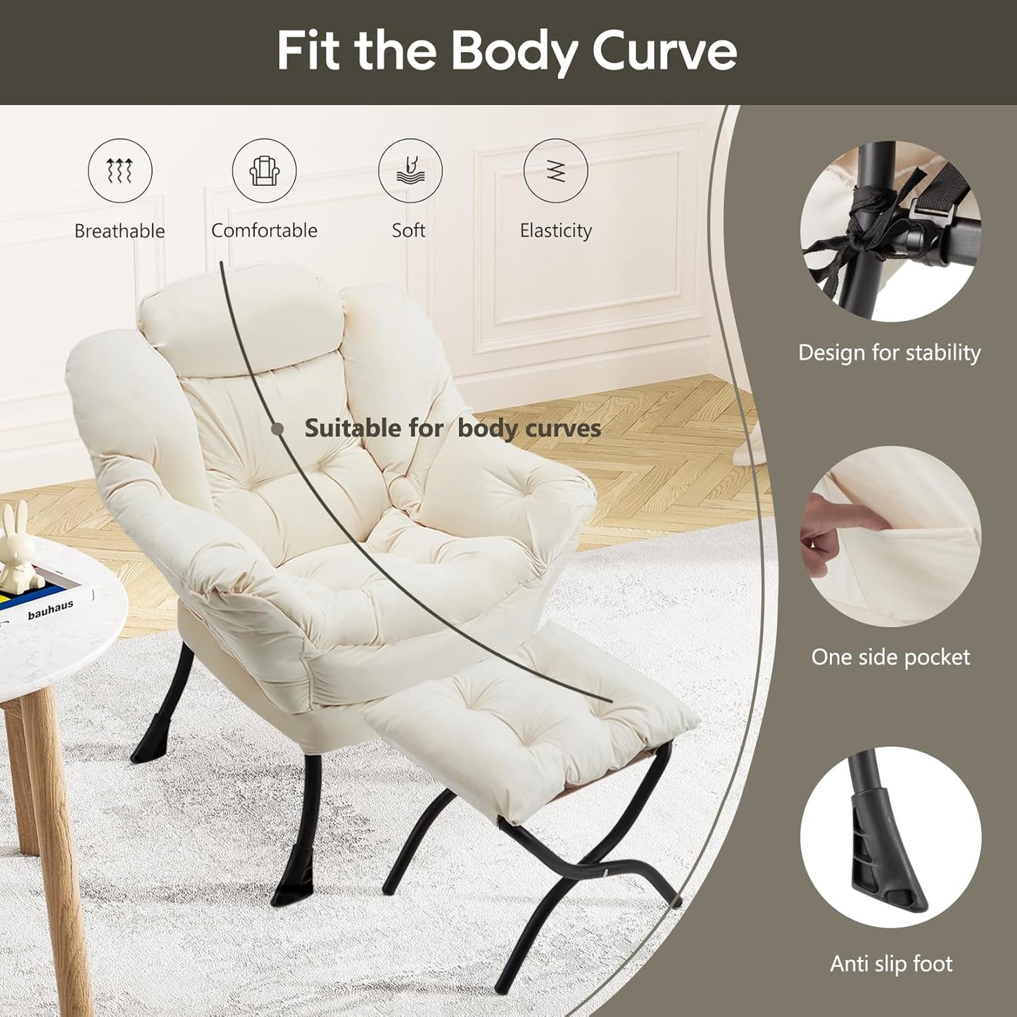 Lazy Chair with Folding Ottoman Modern Large Accent Chair,Contemporary Lounge Leisure Sofa Chair with Armrests Upholstered Sofa Armchair Reading Chair for Bedroom,Dorm & Office (Beige-f)