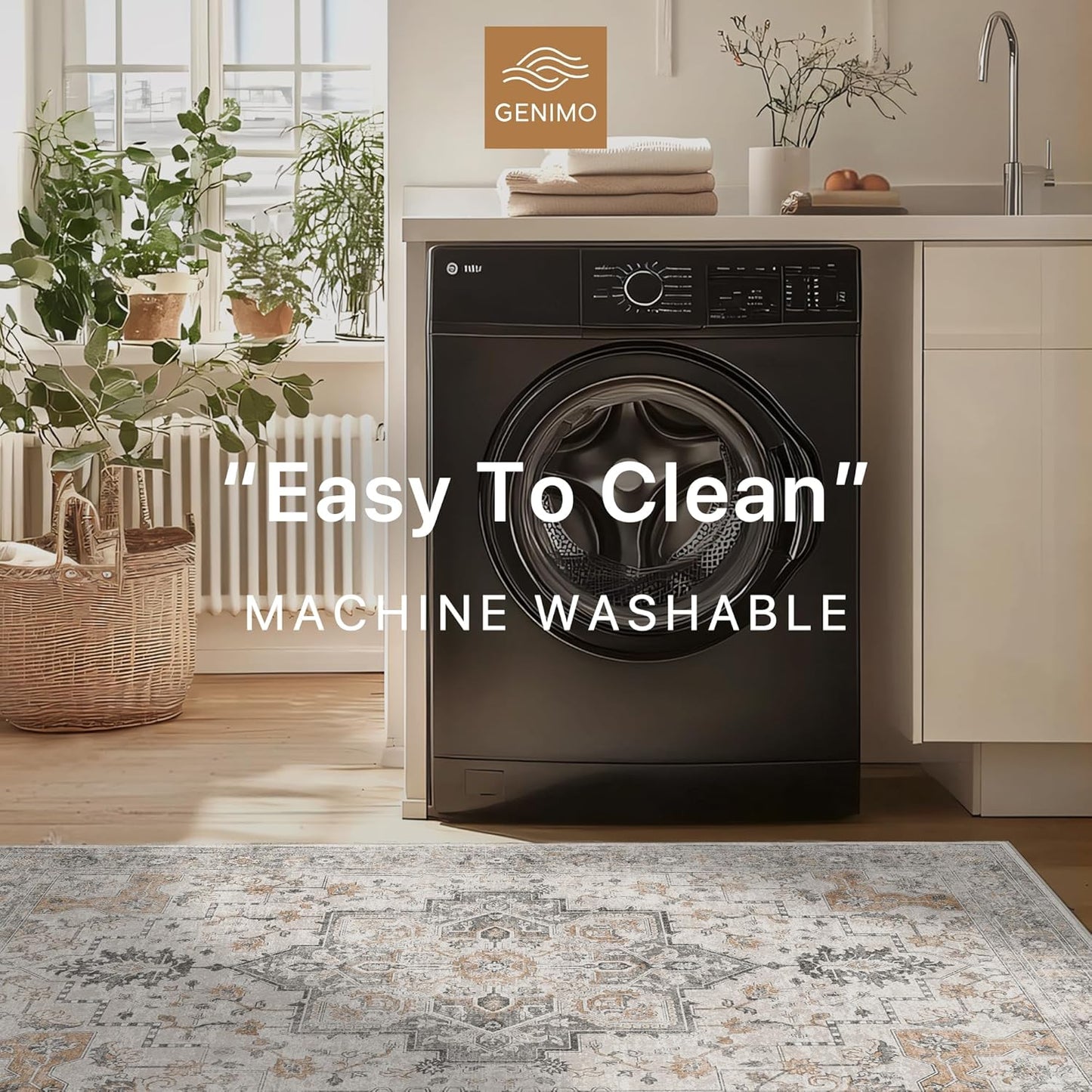 GENIMO 5FT Round Area Rugs for Living Room, Circle Rugs Machine Washable Low Pile, Chenille Non Slip Vintage Rug for Bedroom, Dining Room, Home Office, Light Taupe Brown