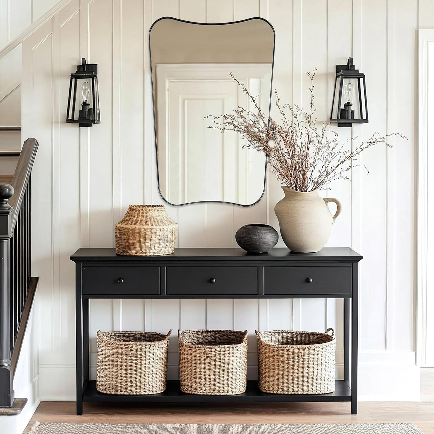 Black Bathroom Vanity Mirrors, 24 x 36 Irregular Wall Mirror with Black Trim Frame, Modern Asymmetrical Wall Mirror, Unique Shaped Decorative Mirrors for Living Room, Bedroom, Fireplace