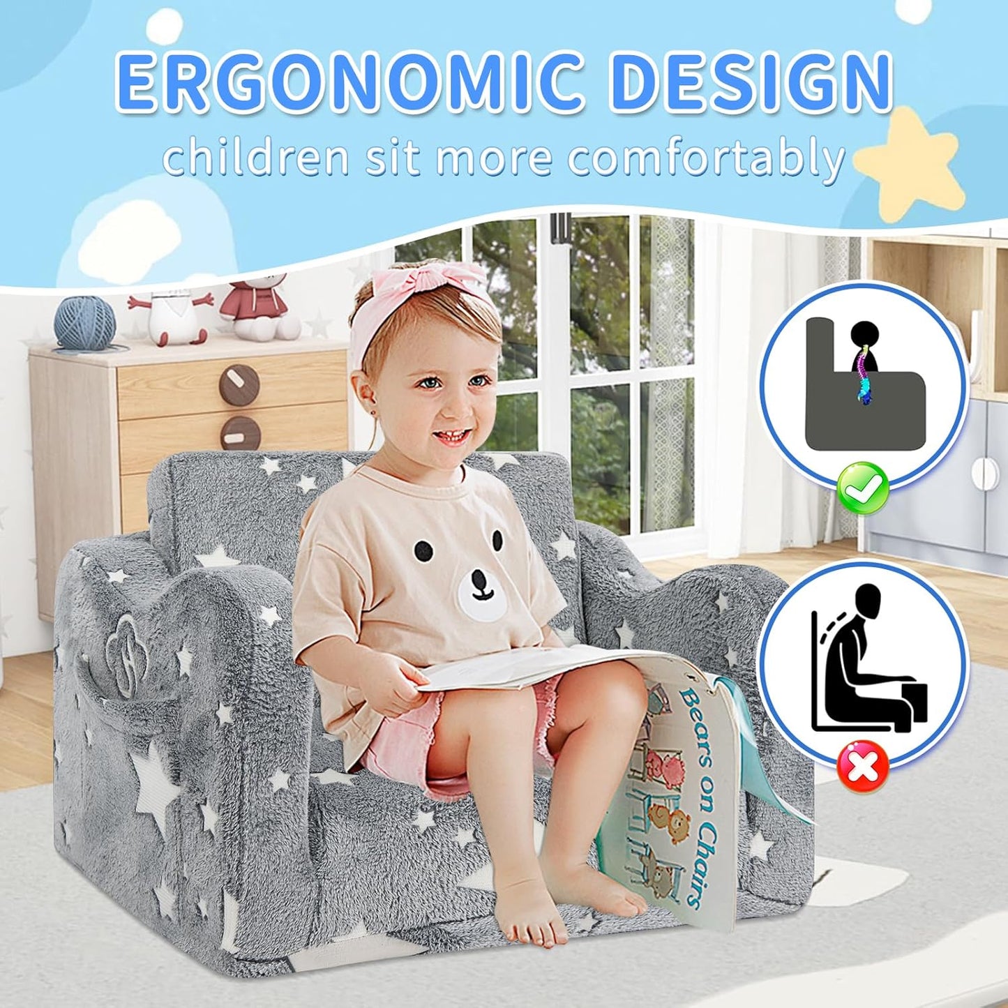 Kids Couch for Toddlers, 2-in-1 Kids Sofa Toddler Couch Chair Glow in The Dark, Comfy Soft Foldable Kid Chair for Girls and Boys