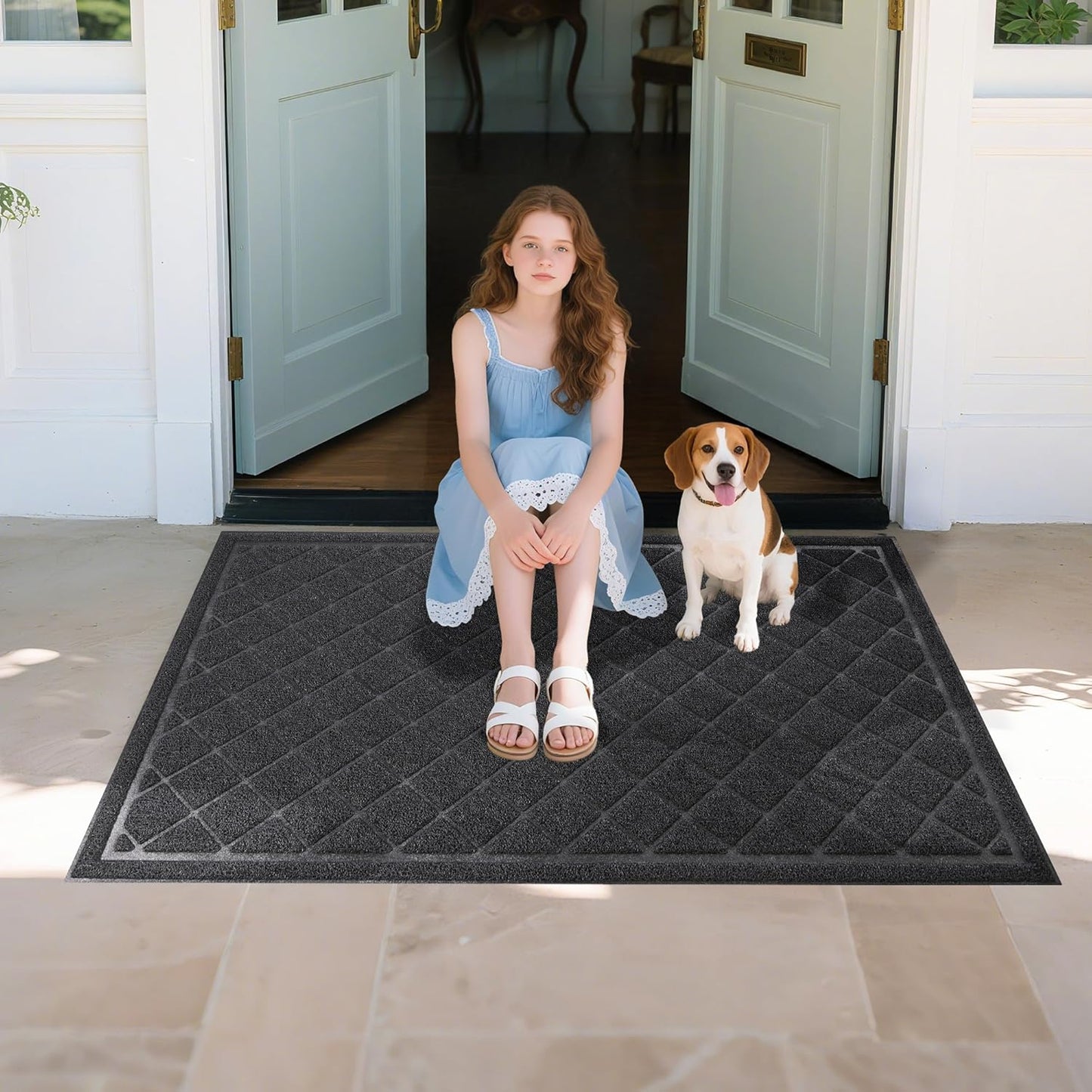 Front Door Mat Indoor Outdoor, 48" x 24" Non Slip Welcome Doormat for Entryway, Heavy Duty Low Profile Entrance Rug for High Traffic Areas, Patio, Outside Entry, Yard, Porch Waterproof