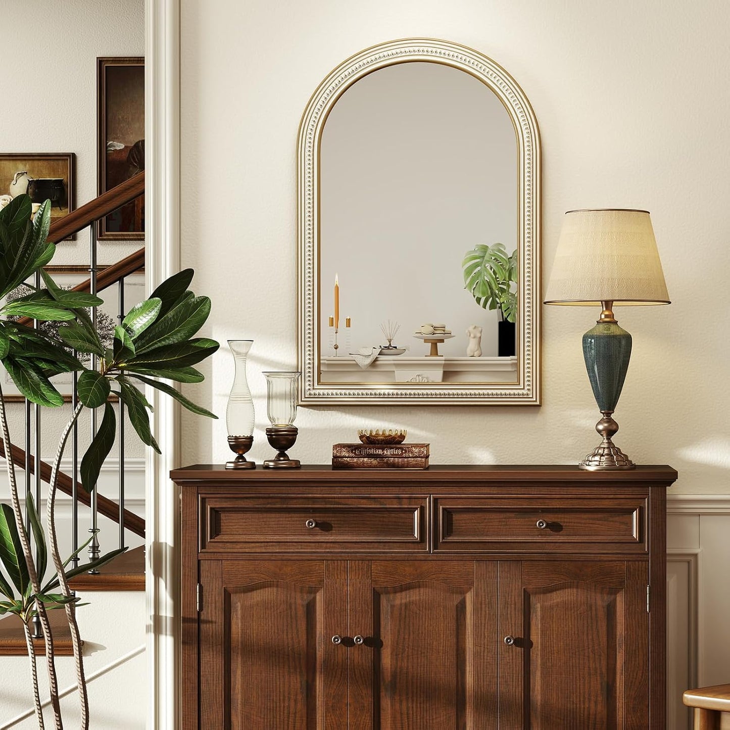 36x24 Inches Farmhouse Wooden Arched Wall Mirrors, Boho Decorative Arch Mirrors for Bathroom Over Sink, Living Room, Hallway, Foyer, Entryway