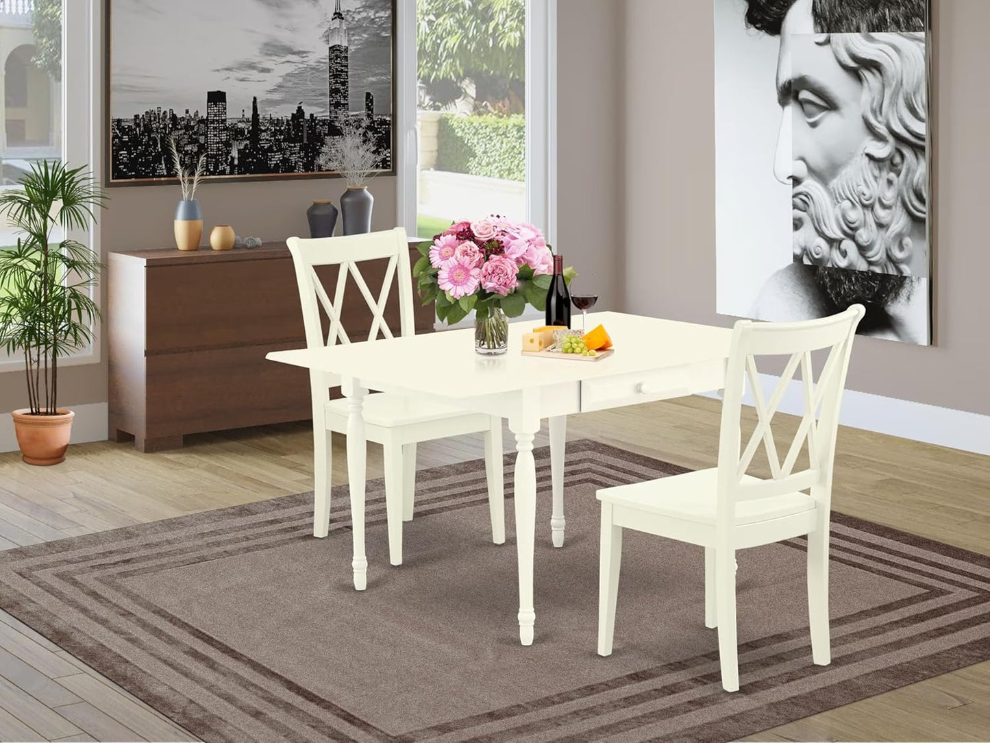 East West Furniture MZCL3-LWH-W 3 Piece Dinette Set for Small Spaces Contains a Rectangle Dining Table with Dropleaf and 2 Dining Chairs, 36x54 Inch, Linen White