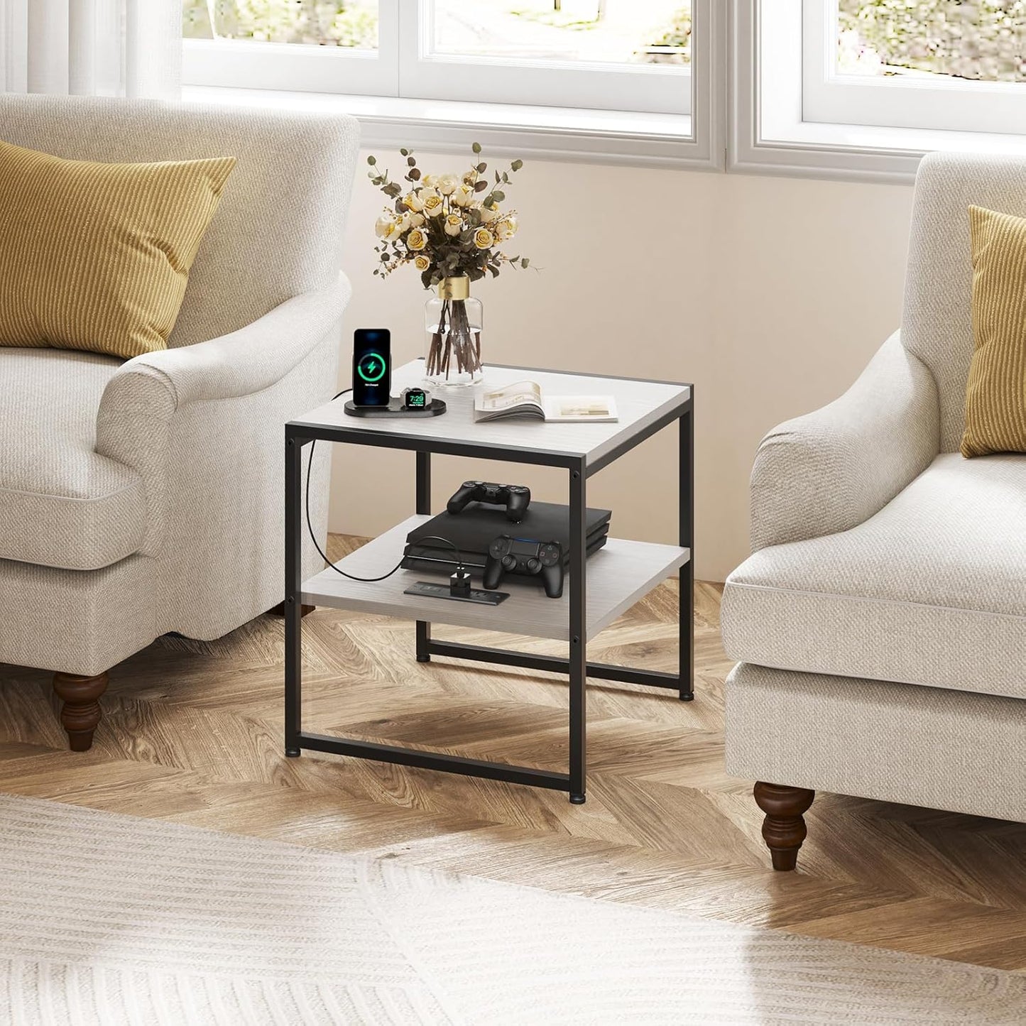 Tatub 20" End Table with Charging Station, Industrial Square Side Table with USB Ports & Outlets, Versatile 2-Tier Small Nightstand for Bedroom Living Room, White