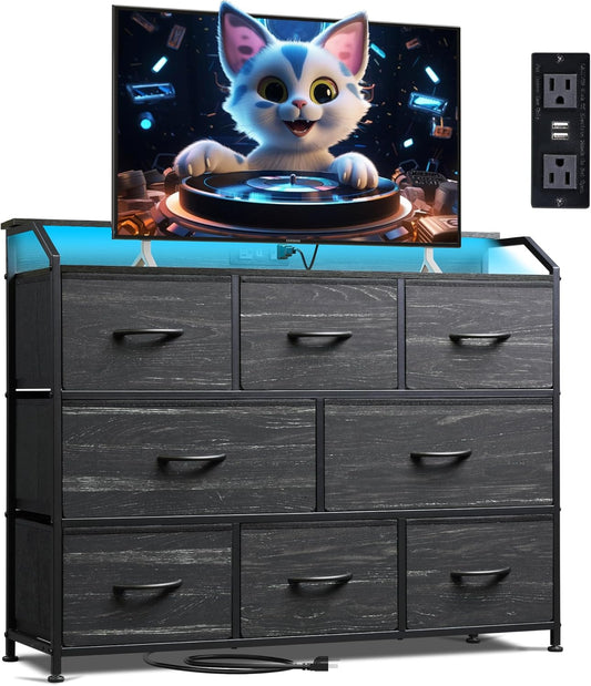 WLIVE Led Dresser for Bedroom, TV Stand for Bedroom with LED Lights and Power Outlet, Wide Chest of Drawers for Hallway, 8 Fabric Drawers for Living Room and Entryway, Charcoal Black Wood Grain Print