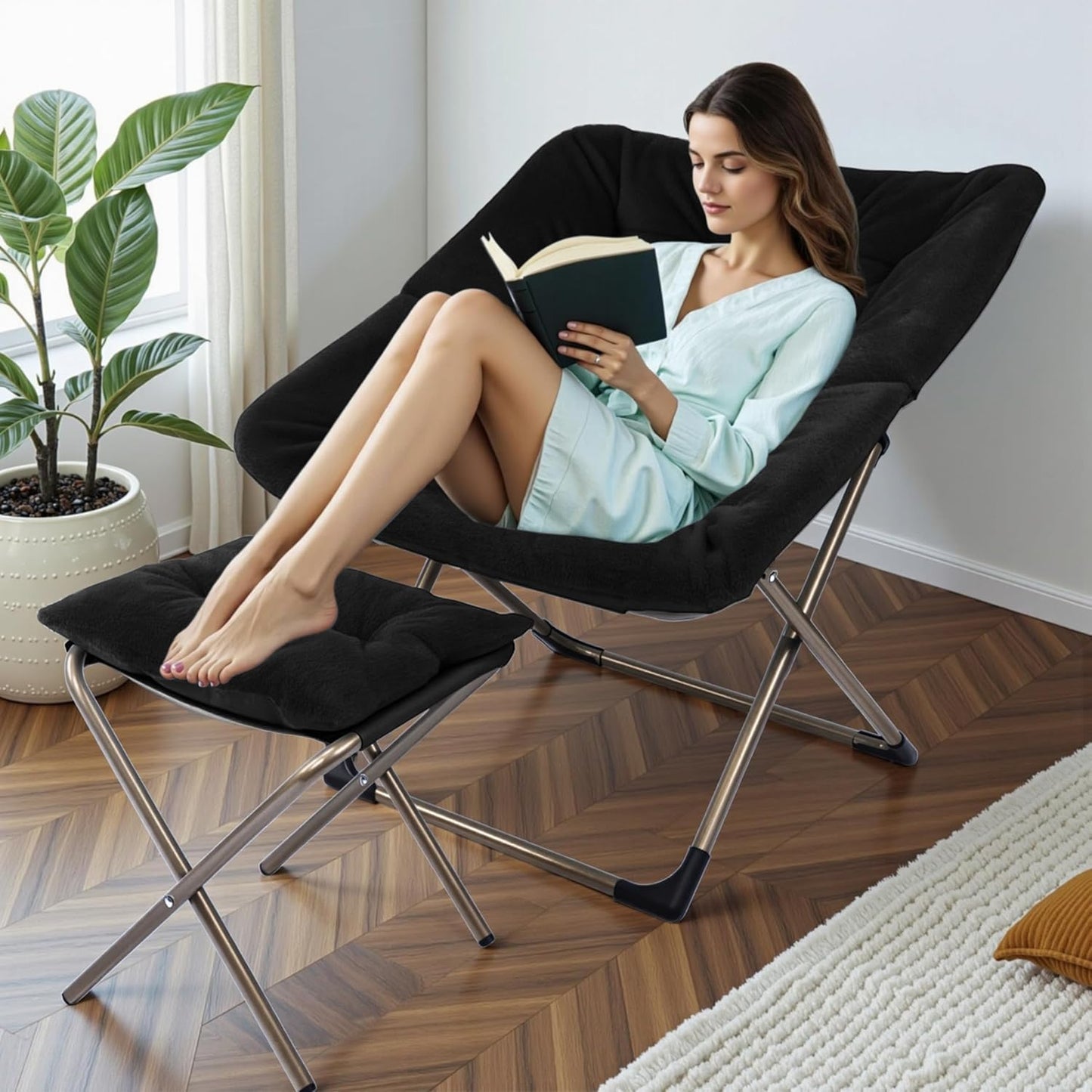 Kokel Plush Folding Chair and Ottoman Padded Metal Frame Living Room Chair (BLACK-TM20)