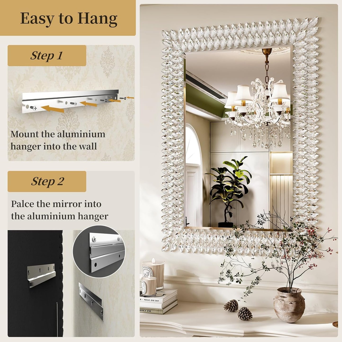 Kelly Miller Large Jeweled Mirror for Wall Decor, 28"x40" Luxury Sparkling Diamond Mirror Beveled Modern Wall Decoration for Bathroom, Living Room, Bedroom, Hallway, Entryway