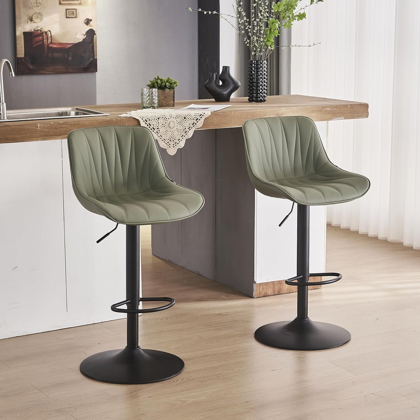 YOUNIKE Bar Stools Set of 2 for Kitchen Island, Olive Green Swivel Tall Bar Stools, Faux Leather Padded Barstools with Back, Modern Counter Height Bar Chairs with 300LBS Support