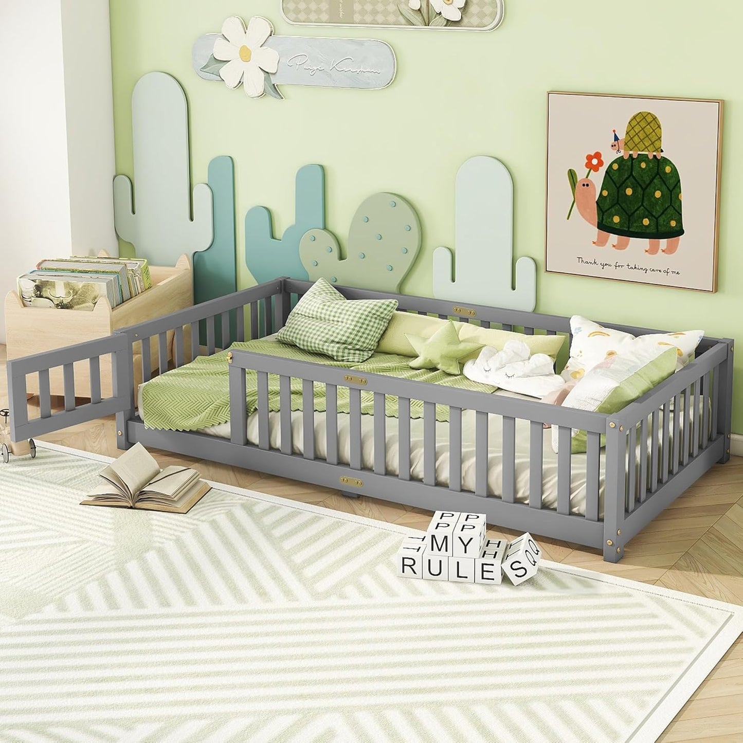 Bellemave Twin Floor Bed with Slats and Safety Guardrails, Kids Montessori Floor Beds with Fence and Door, Easy Assemble Floor Bed for Kids, Girls, Boys, Gray