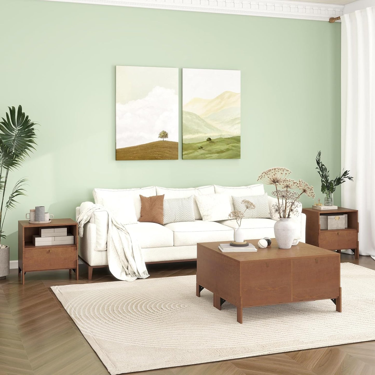 Sebastack Night Stand, Customizable 2 Drawers Bedside Table, End Table, Side Table for Bedroom, Dormitory, Mid-Century Style Wood Chest of Furnitures, Walnut Color