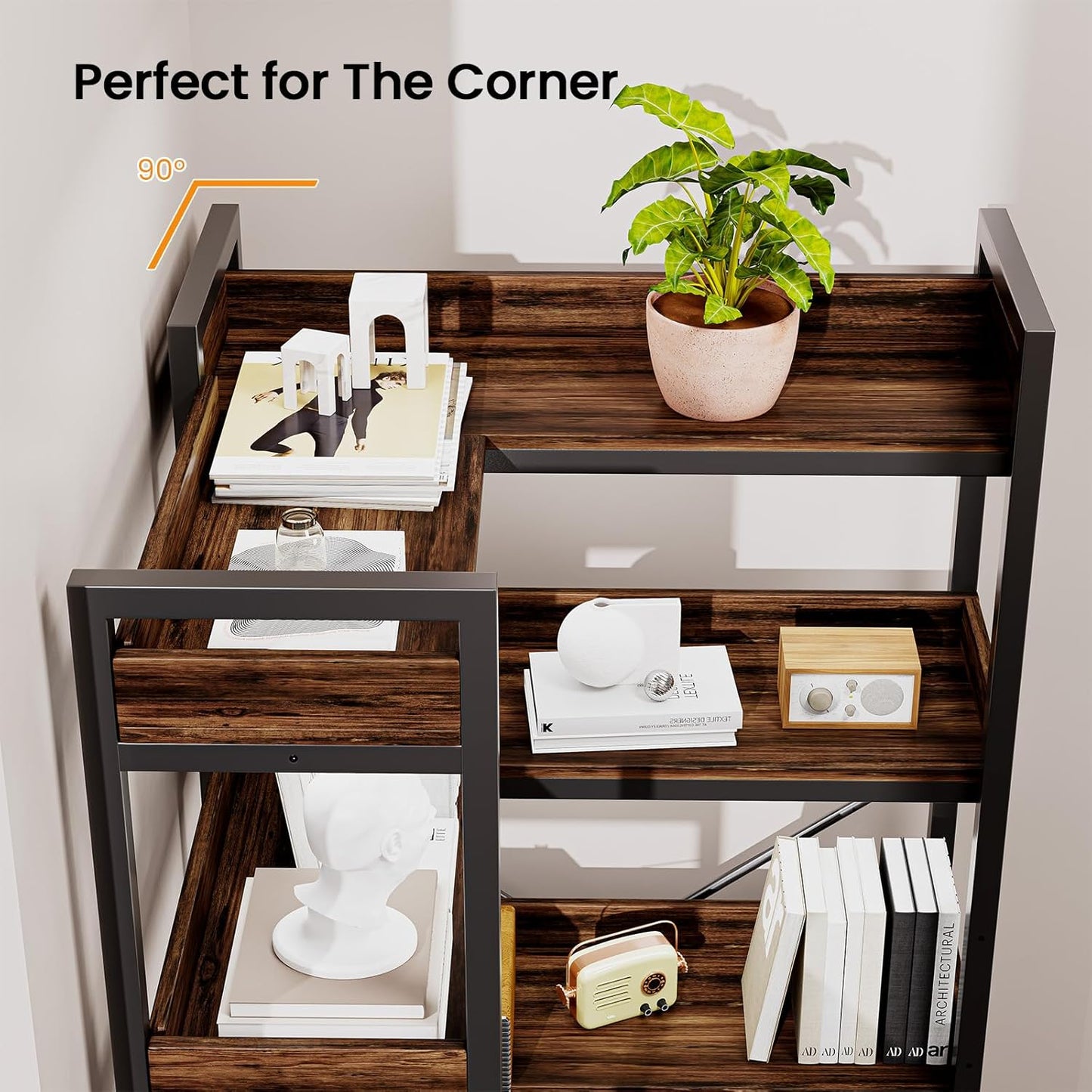 5-Tier Corner Bookshelf - Modern Tall Corner Bookcase with Sturdy Metal Frame, Large Storage L Shaped Bookshelf for Living Room/Home Office/Bedroom, Space-Saving Design, Rustic Brown