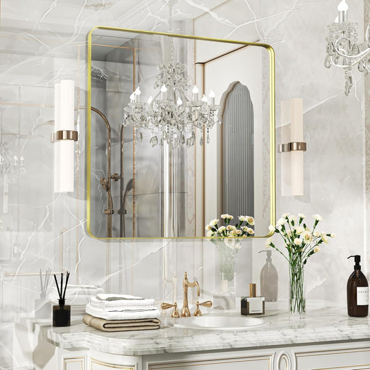 32×32 Glod Bathroom Mirror, Rectangular Bathroom Vanity Mirror for Wall with Rounded Corners & Aluminum Alloy Frame, Tempered-Glass, Modern, Farmhouse, Horizontal/Vertical, Entryway, Bedroom