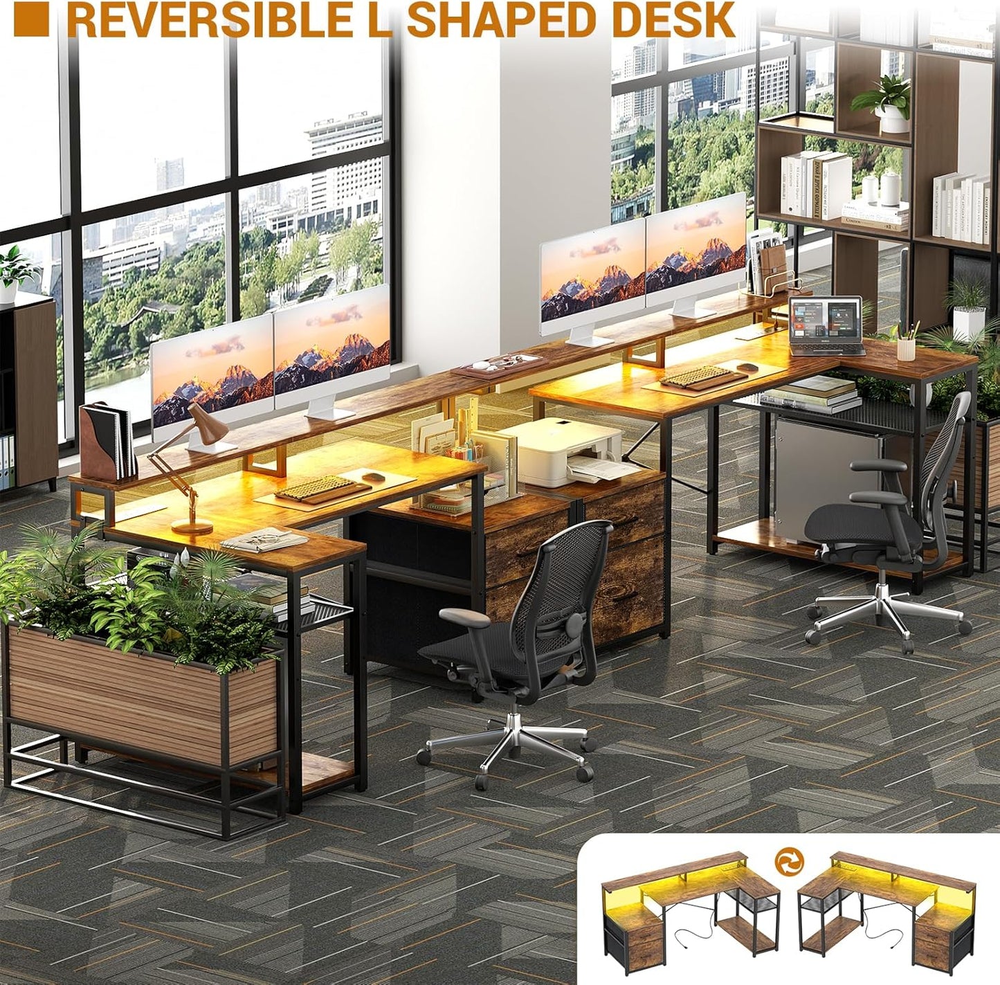 Aheaplus L Shaped Desk with File Drawer, Reversible L Shaped Computer Desk Gaming Desk with Power Outlet & LED Strip, Home Office Desk Corner Desk with Monitor Shelf, Storage Shelves, Rustic Brown