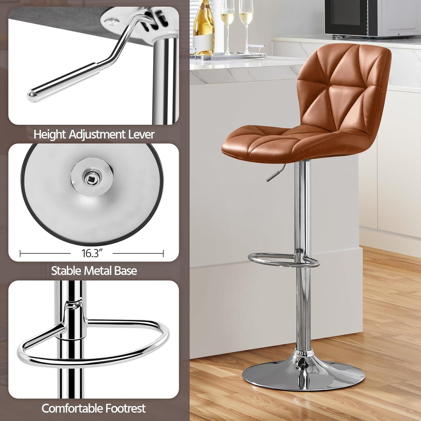 Yaheetech Bar Stools Set of 4, Adjustable PU Leather Swivel Barstools, Modern Counter Stools with Back and Footrest, Counter Height Barstools for Bar, Kitchen, Dining Room, Retro Brown