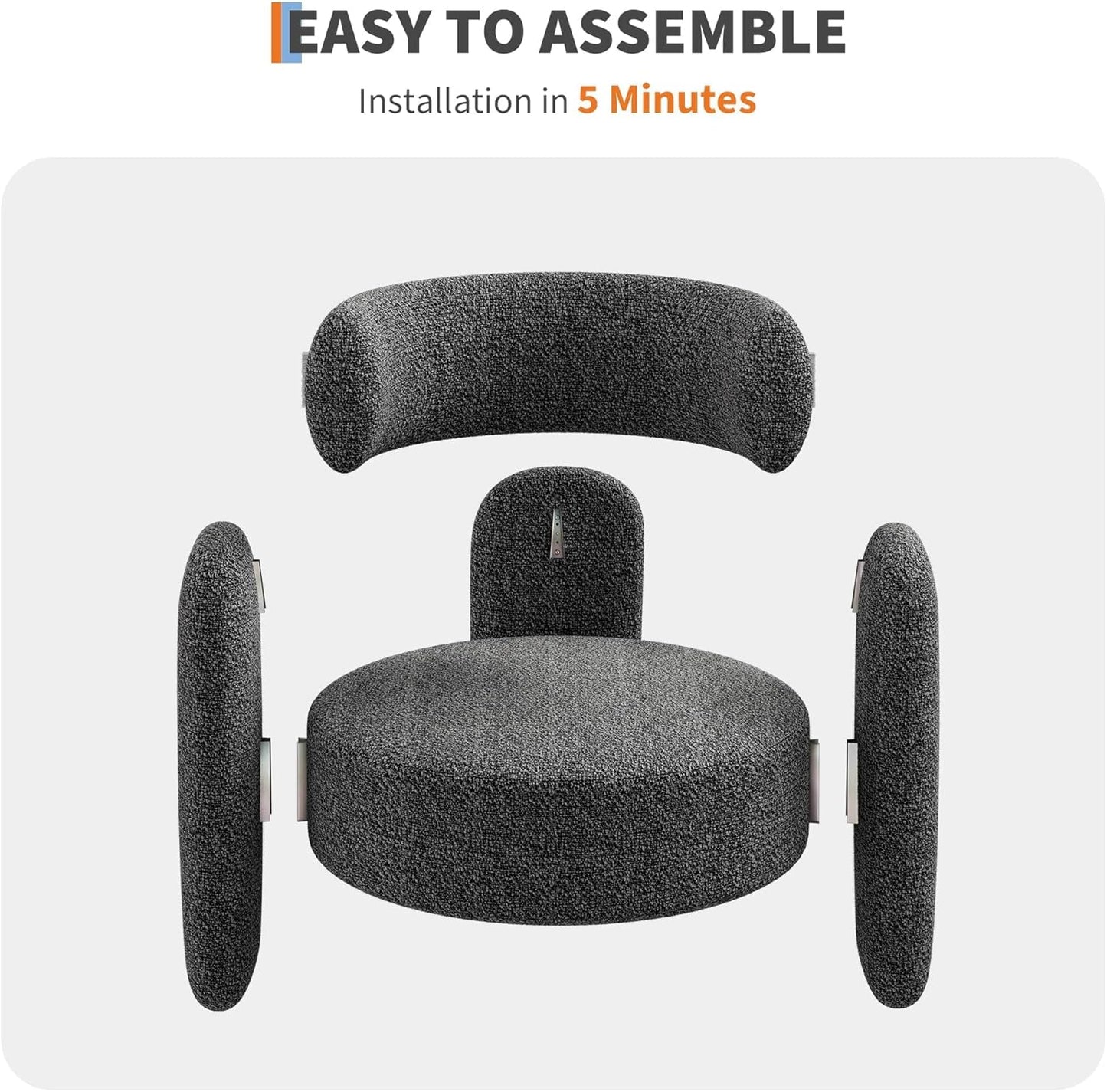 Modern Chenille Accent Armchair， Mid-Century Upholstery, Round Corners for Living Room, Bedroom, Office, or Cafe，Grey