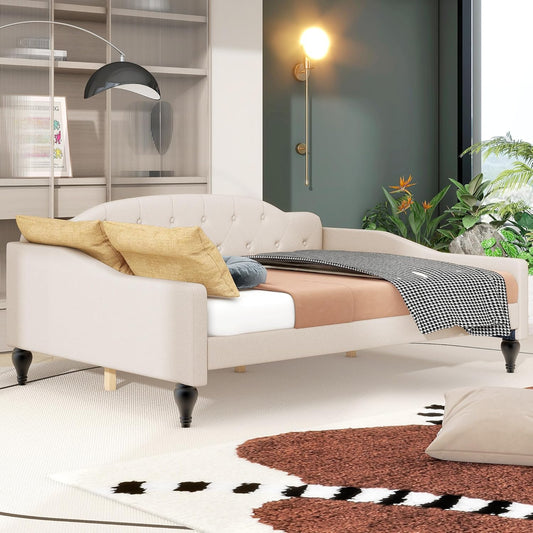 Full Size Upholstered Tufted Daybed,Linen Sofa Bed,Easy Assemble & No Box Spring Needed,Perfect for Small Space,Bedroom,Livingroom,Guest Room, Beige