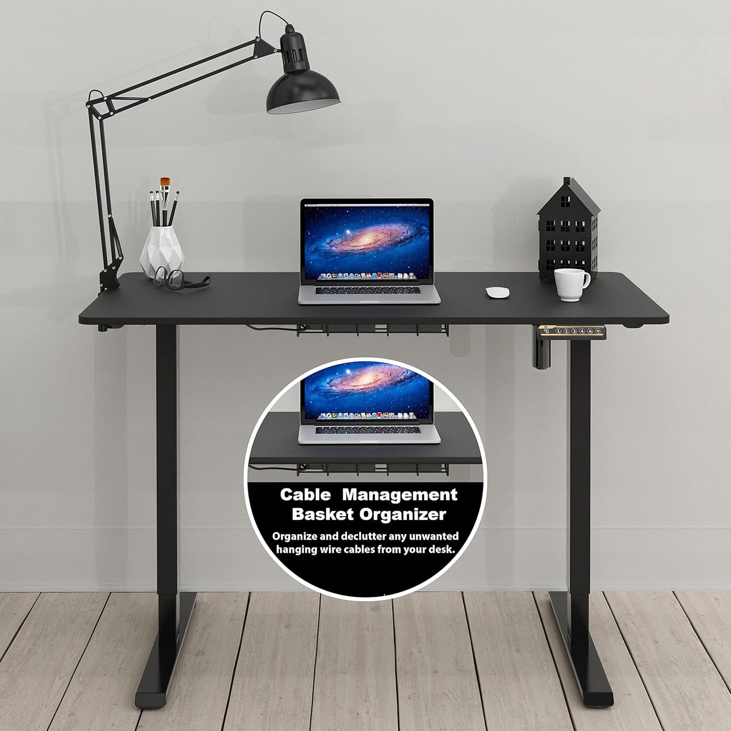 SHW 48-Inch Electric Height Adjustable Sit to Stand Desk with Hanging Hooks and Cable Management, Black Frame and Black Top
