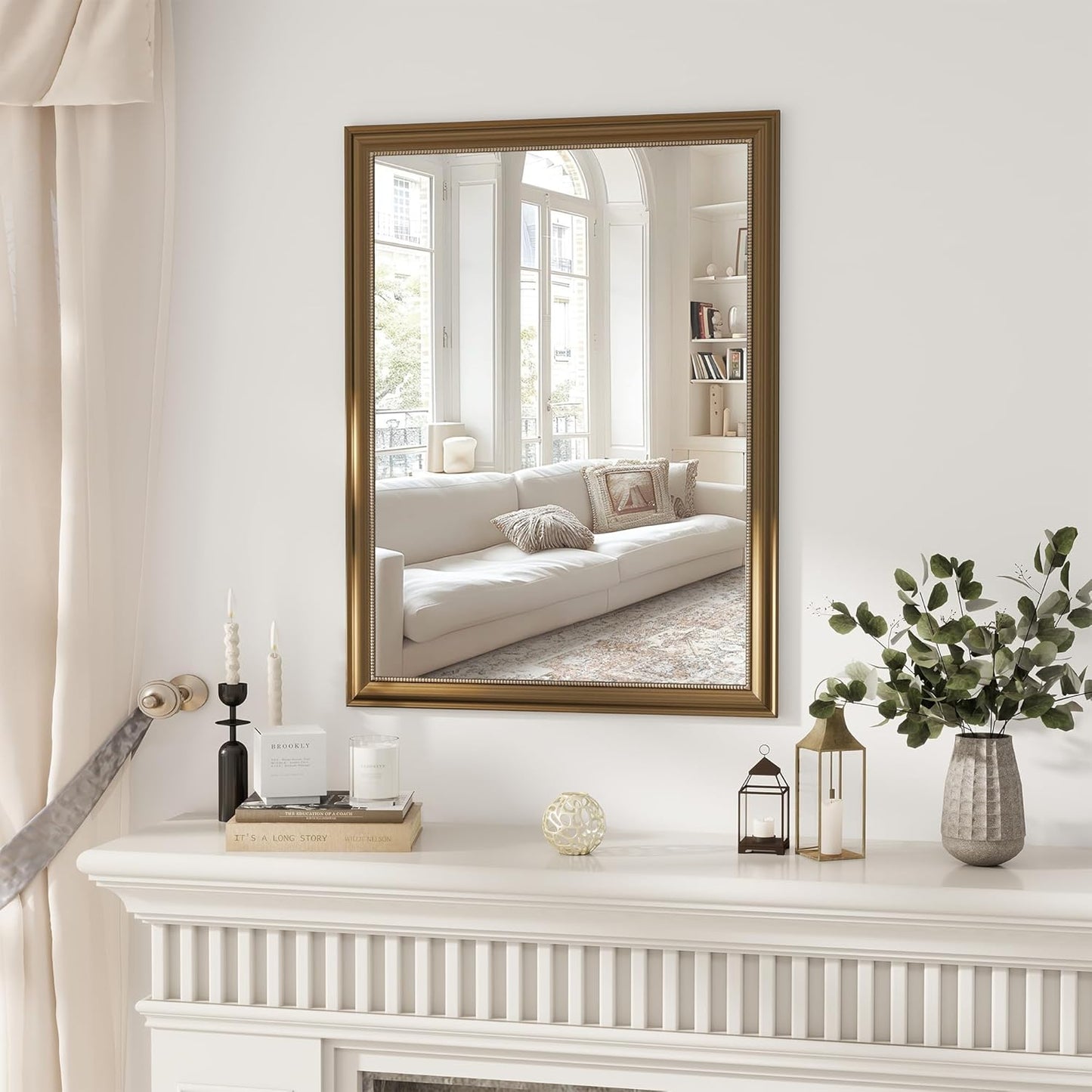 Axeman 30x40 Rectangular Wall Mirror, Decorative Bathroom Mirror, Traditional Vintage Wall Mounted Mirror with Beaded Frame for Accent Living Room Vanity Bedroom Entryway, Gold