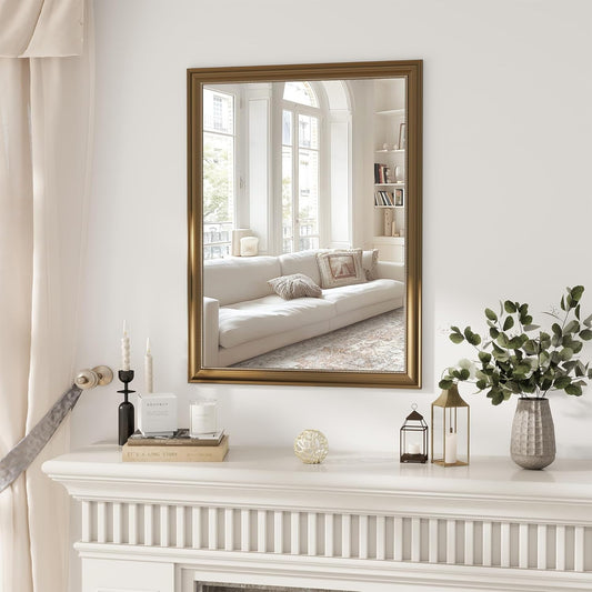Axeman 30x40 Rectangular Wall Mirror, Decorative Bathroom Mirror, Traditional Vintage Wall Mounted Mirror with Beaded Frame for Accent Living Room Vanity Bedroom Entryway, Gold