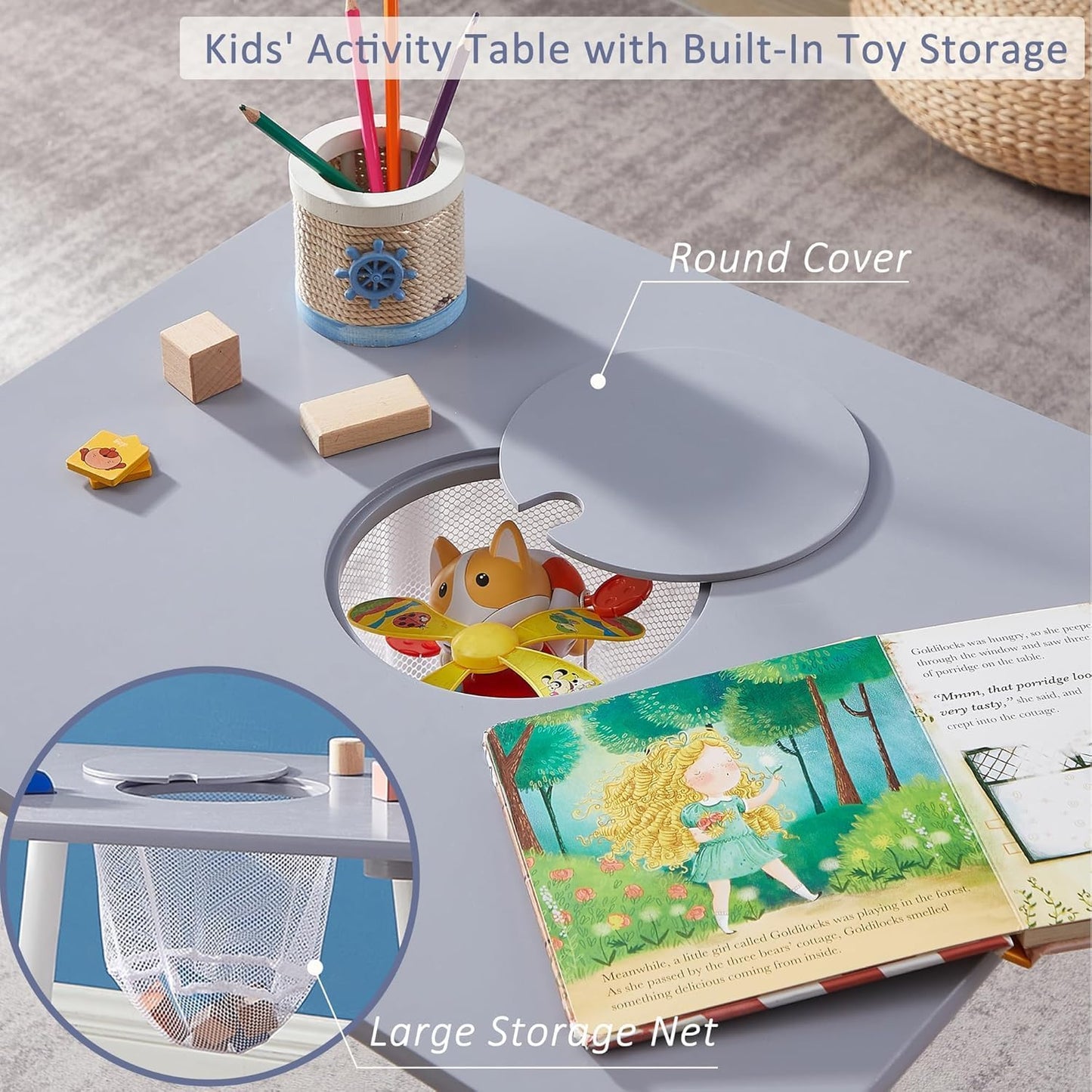 VECELO Activity Table and 2 Chair Set with Hidden Mesh Storage, Durable Playroom Furniture, Modern Design, Easy Assembly, Grey & White