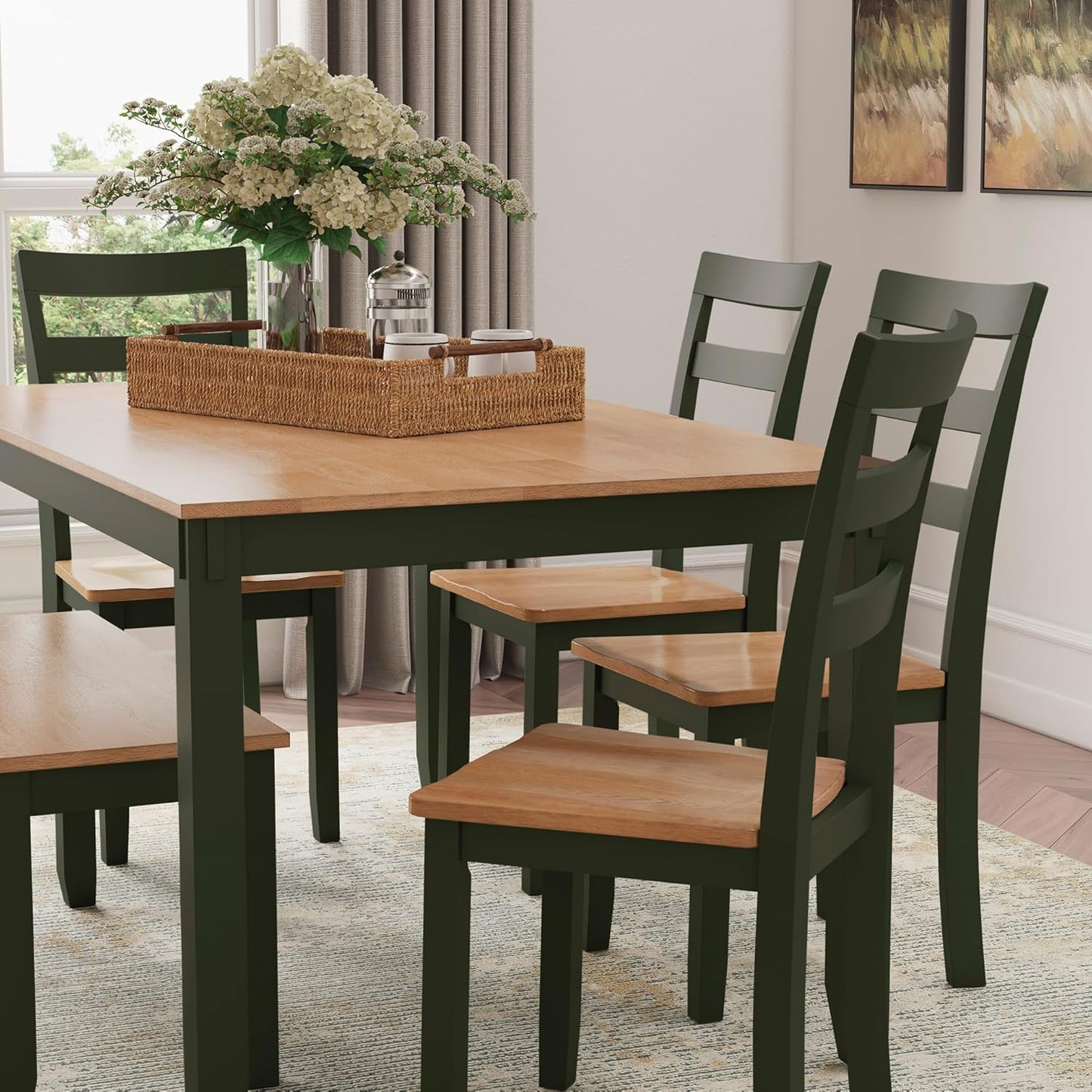 Signature Design by Ashley Gesthaven Modern Dining Table with 4 Chairs and Bench, Set of 6, Green & Light Brown