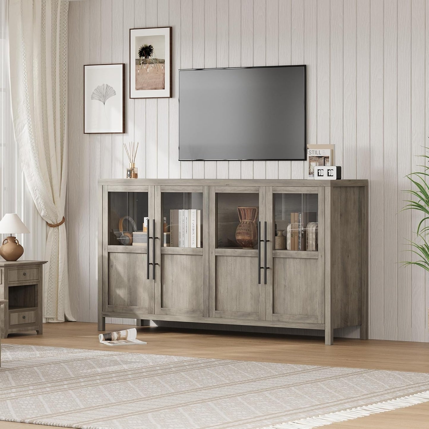 GarveeHome Sideboard Buffet Cabinet with 4 Glass Doors, 55" Buffet Table Coffee Bar Wine Bar Display Cabinet for Kitchen Dining Room, Living Room (Grey, Glass with 4 Doors)