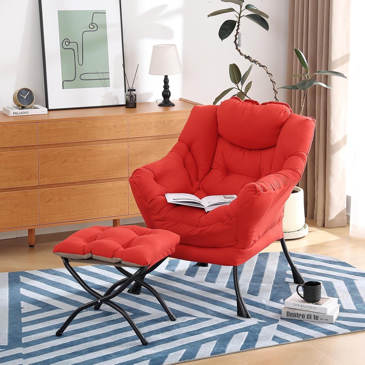 Modern Lazy Chair with Folding Footrest, Lounge Accent & Comfortable Reading Chair (Red)