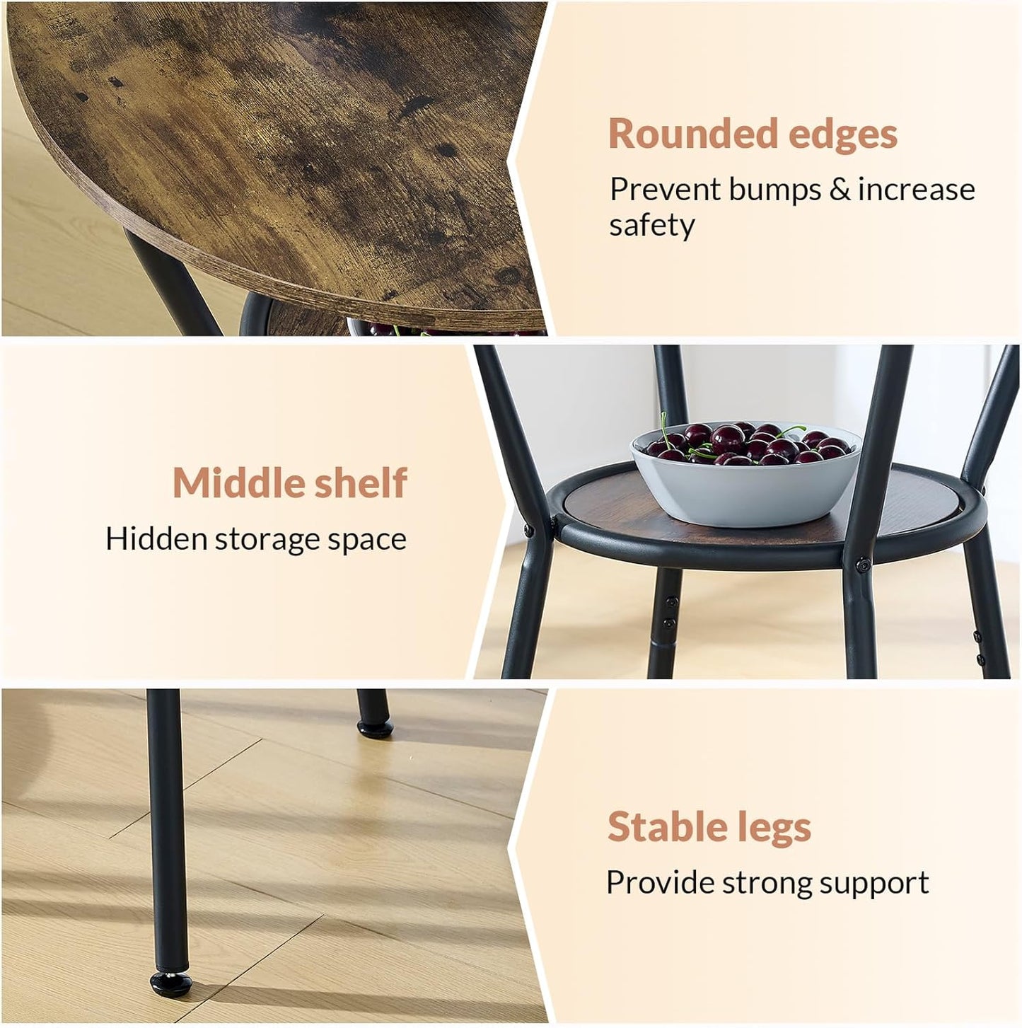 3-Piece Round Bar Table and Chair Set, Small Dining Table for 2, Breakfast Table with 2 Upholstered Stools, Modern Kitchen Bar Table, for Kitchen, Dining Room & Bistro-Rustic Brown