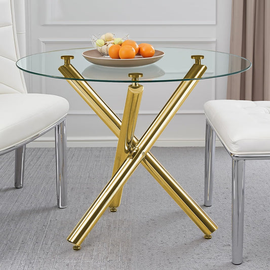 Kitchen Table Classic Dining Table for 4 Round Glass Dining Table 42" Kitchen & Dining Room Tables with Metal Legs and Glass Tabletop for Dining Room and Apartment, Gold