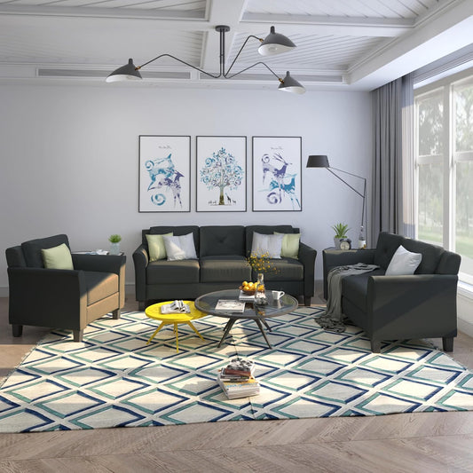 3 Pieses Modern Living Room Sofa Sets Polyester Blend Button Tufted Sofa&Couch Include 3Seaters Couch, Loveseat and Armchair with Ergonomically Curved Armrests for Home Apartment Office