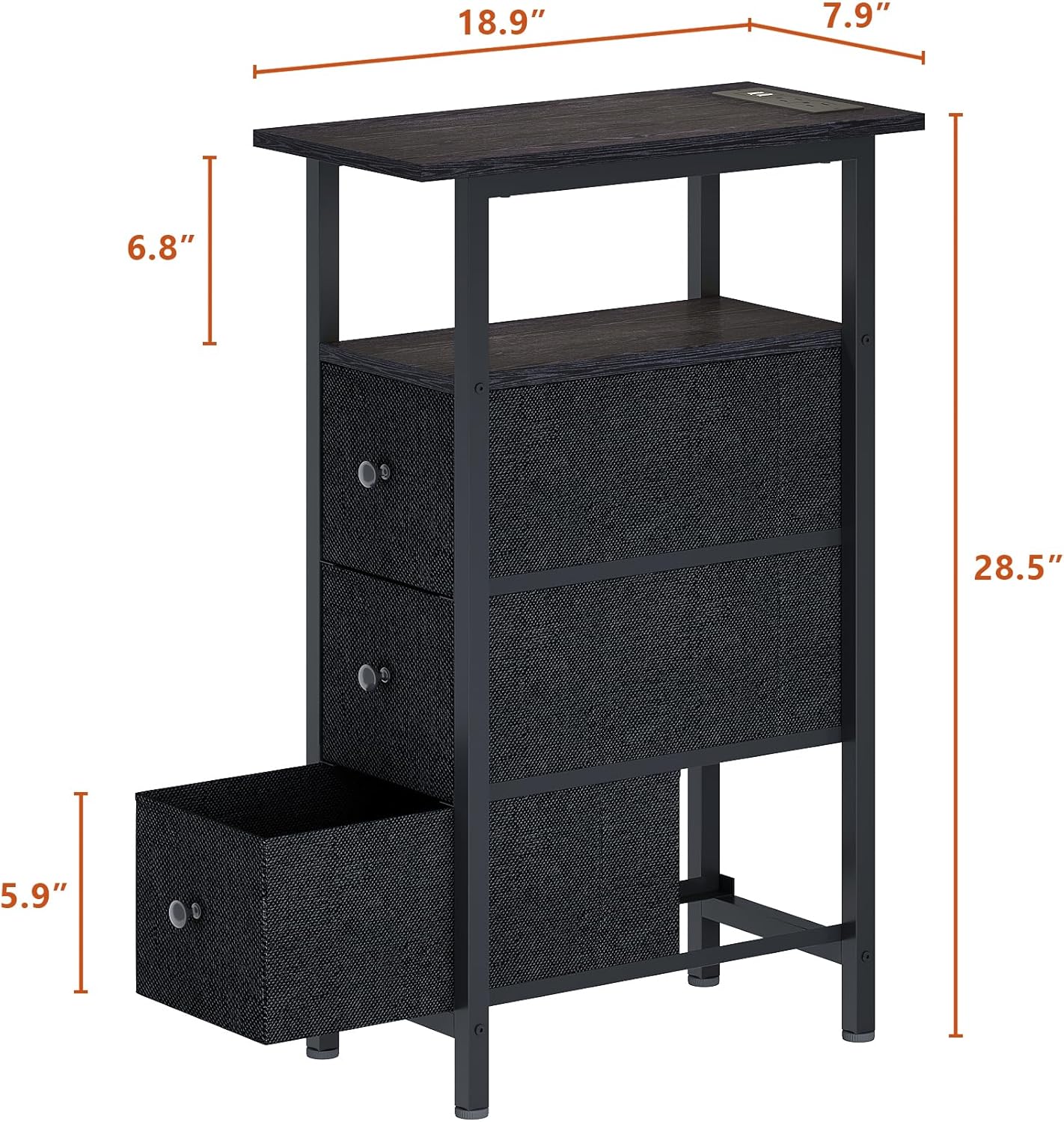 End Table with Charging Station, Narrow Side Table with 3 Fabric Drawers, Skinny Nightstand with LED Light, Slim Bedside Table for Bedroom, Living Room, Small Spaces, Black