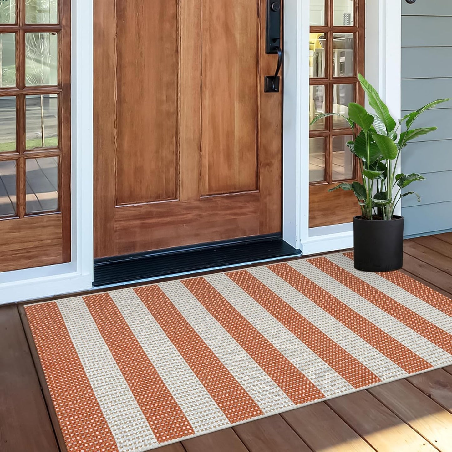 OJIA Fall Front Door Rug 24"x51" Halloween Doormat Striped Rug Cotton Woven Checkered Carpet Washable Front Door Mat Outdoor Small Area Rug for Porch Kitchen Entryway Patio Bathroom (Orange/White/Tan)
